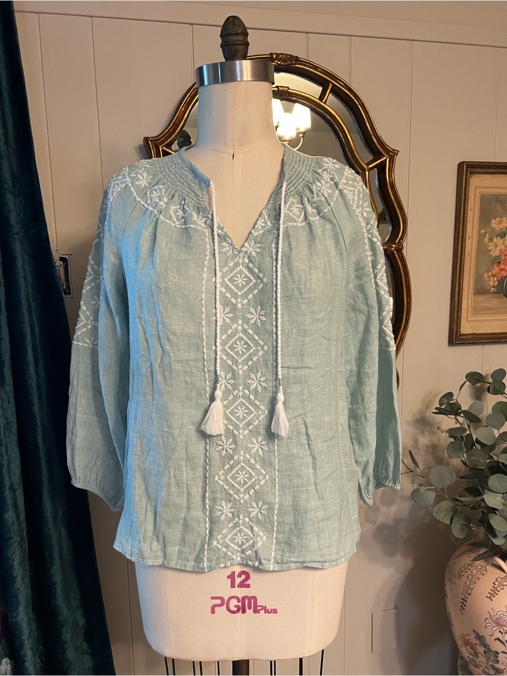 Light Green linen Embroidered Peasant Top with Tassel Tie